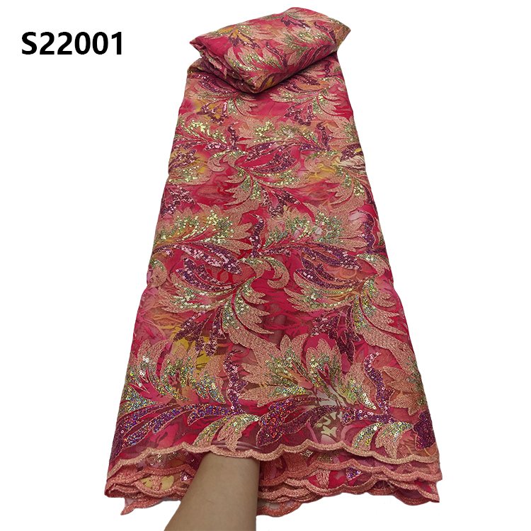 CHOCOO Wholesale Price African Vintage Lace Fabric Light Blue Embroidered Sequin Lace Fabric For Women Dresses