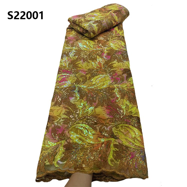 CHOCOO Wholesale Price African Vintage Lace Fabric Light Blue Embroidered Sequin Lace Fabric For Women Dresses
