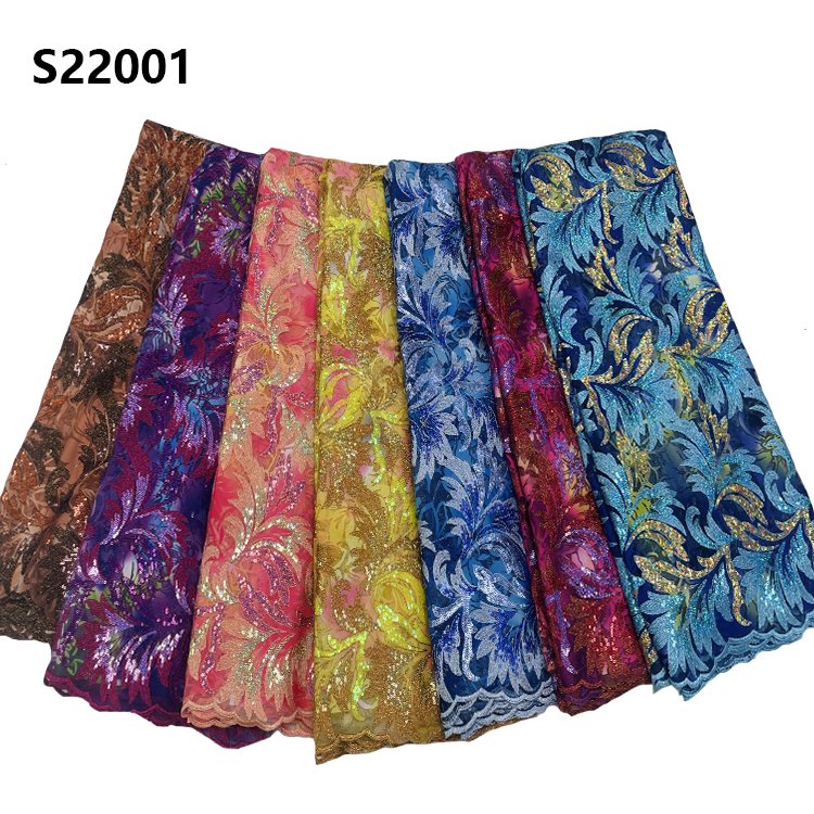 CHOCOO Wholesale Price African Vintage Lace Fabric Light Blue Embroidered Sequin Lace Fabric For Women Dresses