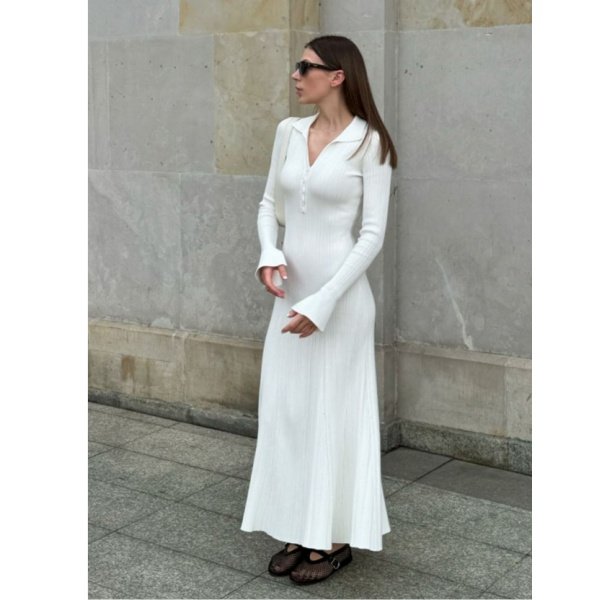 New Design Autumn Wholesale Elegant Pure Color Long Sleeve V Neck Turn Down Collar Flare Hem Ribbed Knit Maxi Dress Women