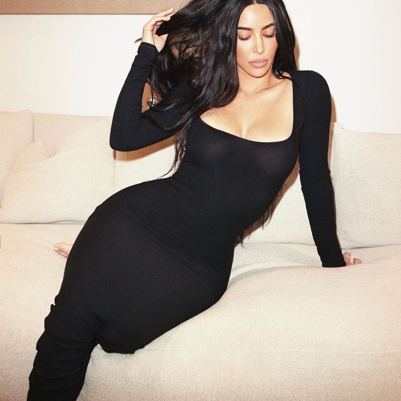 Women's Square Neck Full Sleeve Extra Long Ribbed Solid Color Elegant Bodycon Maxi Dress