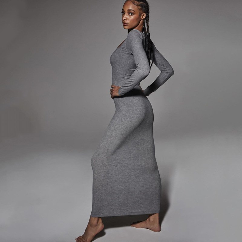 Women's Square Neck Full Sleeve Extra Long Ribbed Solid Color Elegant Bodycon Maxi Dress