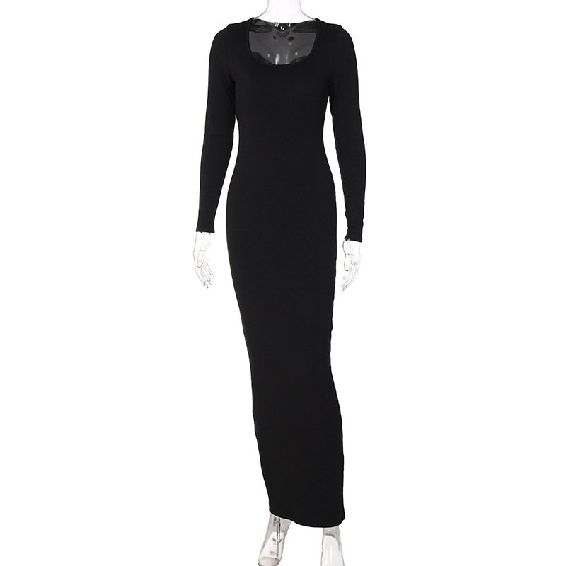 Women's Square Neck Full Sleeve Extra Long Ribbed Solid Color Elegant Bodycon Maxi Dress