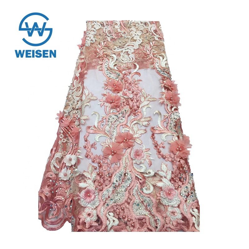 Wholesale Mesh Embroidery 3D Dress French Bead Flower Bridal Beaded Lace Fabric