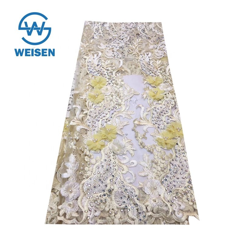 Wholesale Mesh Embroidery 3D Dress French Bead Flower Bridal Beaded Lace Fabric