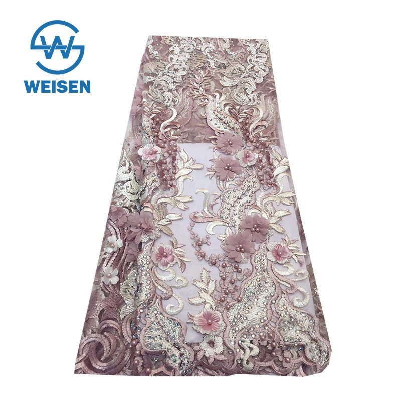 Wholesale Mesh Embroidery 3D Dress French Bead Flower Bridal Beaded Lace Fabric