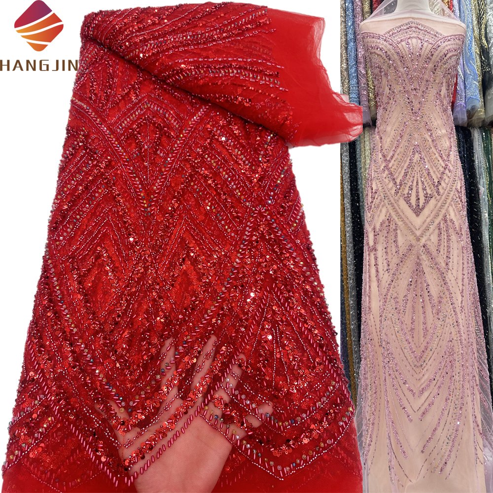 Luxury Beaded Lace Fabric Crystal Rhinestone Black Embroidery Mesh Sequins Lace Fabric For Women Wedding