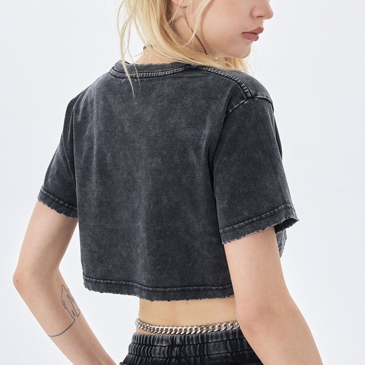 Vintage crop t shirts 2024 women acid wash 100% cotton 2022 printed custom crop top