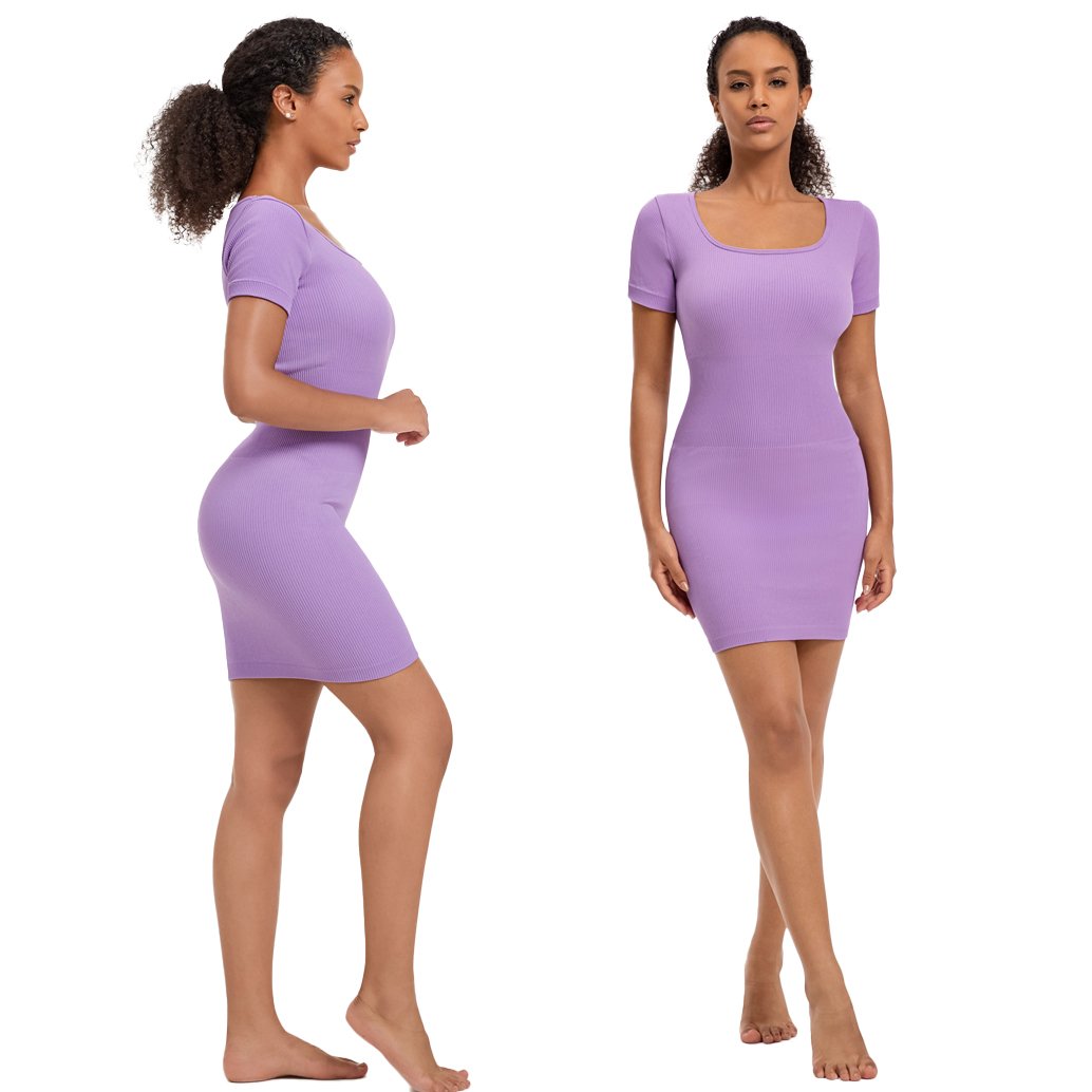 Custom Women's Short Sleeve Square Neckline Bodycon Comfort Seamless Dress Ribbed Knitwear Tummy Control