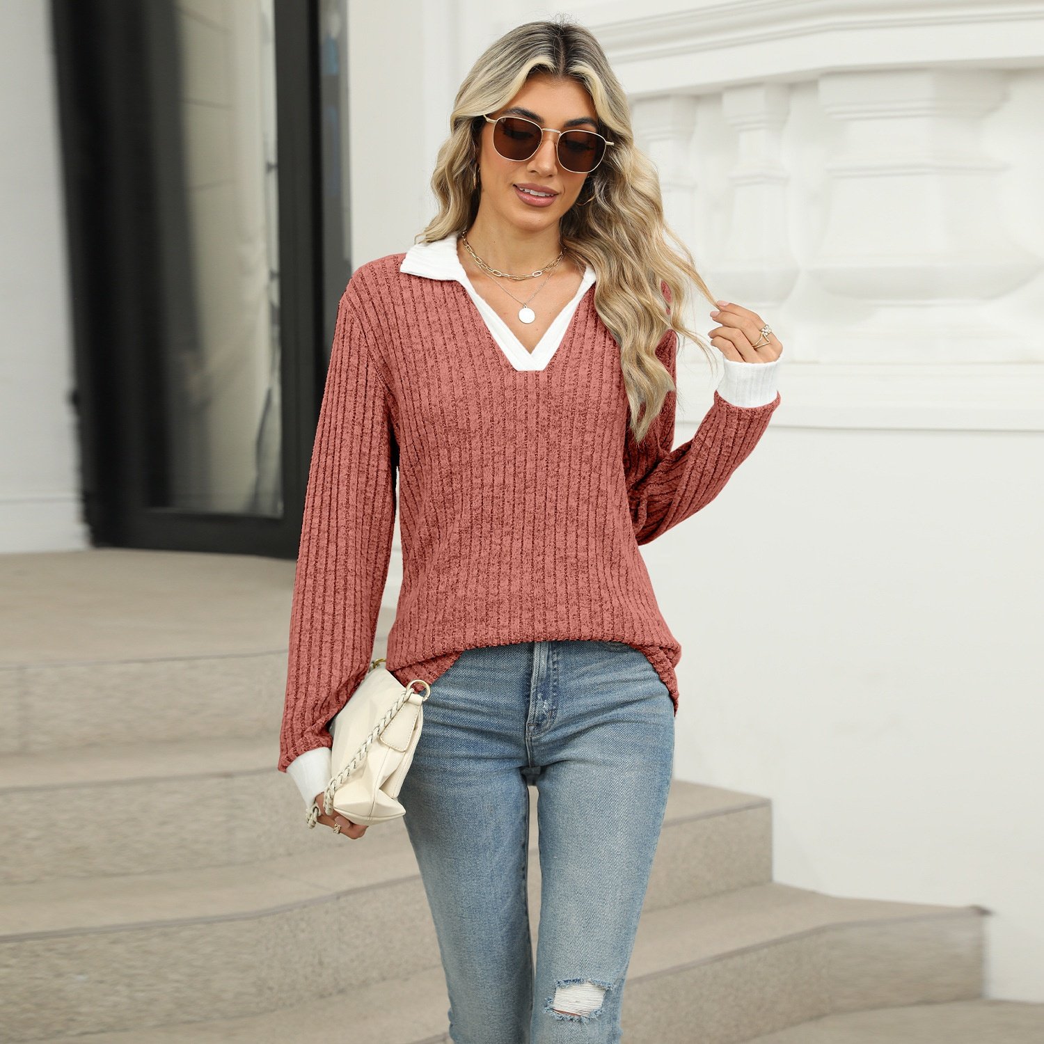 Women Winter Clothing Ladies Apparel Long Sleeve Wide Ribbed T Shirt Viscose Casual Soft Textile Turn-down Collar for Women