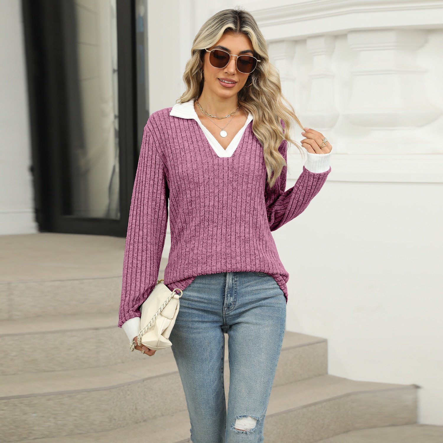Women Winter Clothing Ladies Apparel Long Sleeve Wide Ribbed T Shirt Viscose Casual Soft Textile Turn-down Collar for Women