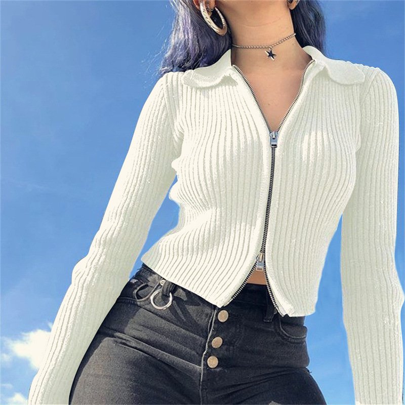 hot sales fall 2020 women clothes Long sleeve knit bottoming t-shirt sexy zipper crop top women