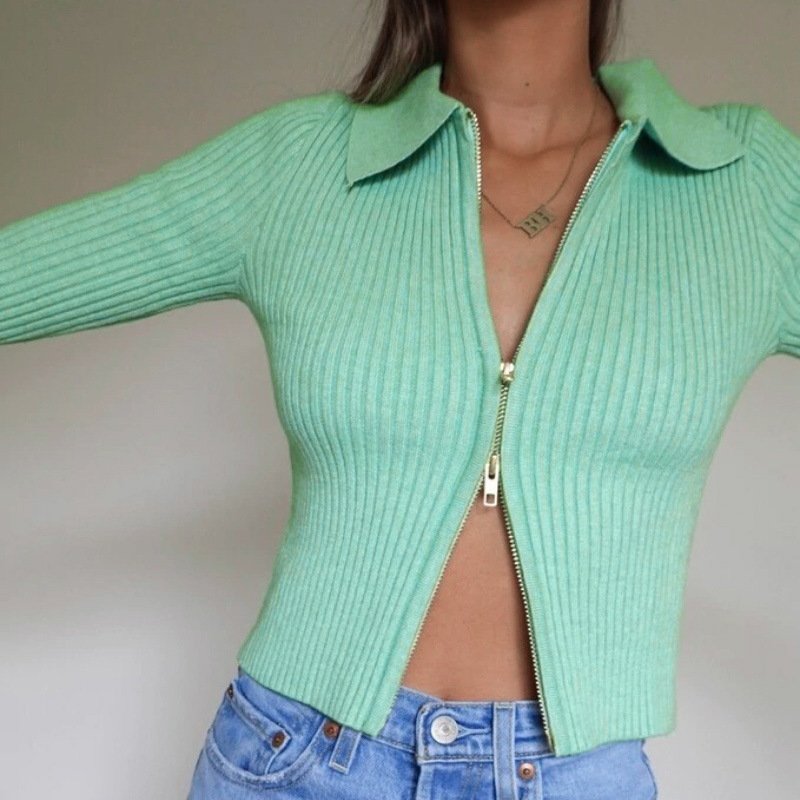 hot sales fall 2020 women clothes Long sleeve knit bottoming t-shirt sexy zipper crop top women
