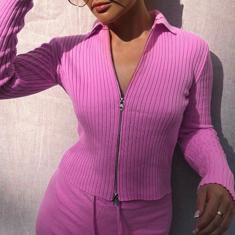 hot sales fall 2020 women clothes Long sleeve knit bottoming t-shirt sexy zipper crop top women