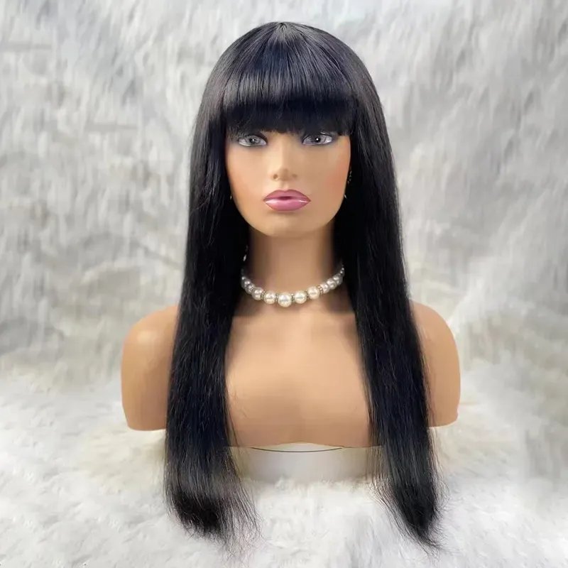 Cheap Wholesale Full Machine Made Natural Color Wig No Lace Peruvian 100% Virgin Cuticle Aligned Remy Human Hair Wigs With Bangs