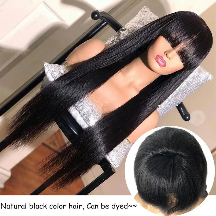 Cheap Wholesale Full Machine Made Natural Color Wig No Lace Peruvian 100% Virgin Cuticle Aligned Remy Human Hair Wigs With Bangs