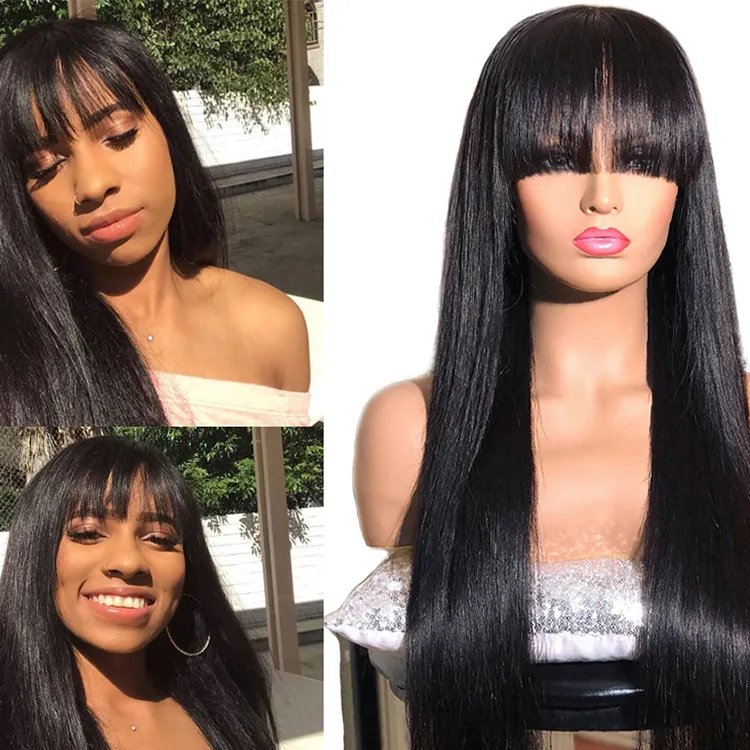 Cheap Wholesale Full Machine Made Natural Color Wig No Lace Peruvian 100% Virgin Cuticle Aligned Remy Human Hair Wigs With Bangs