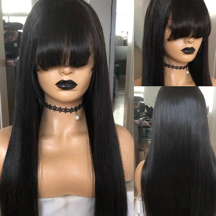 Cheap Wholesale Full Machine Made Natural Color Wig No Lace Peruvian 100% Virgin Cuticle Aligned Remy Human Hair Wigs With Bangs