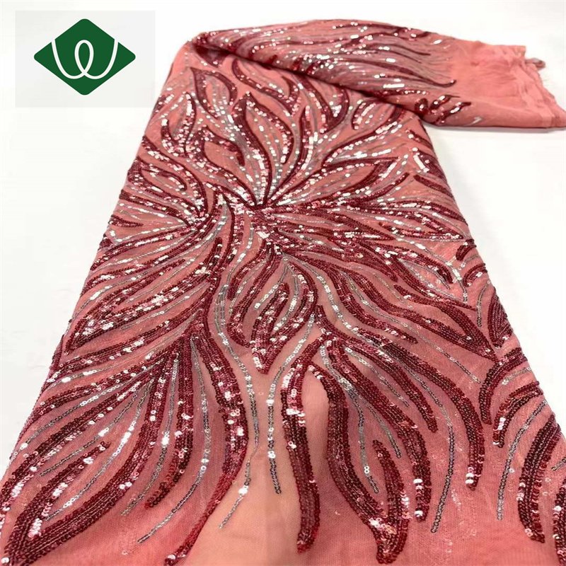 china wholesale African beaded Lace Fabric Dark Pattern Sequins lace embroidery sewing fabric Accessories for Wedding Dress