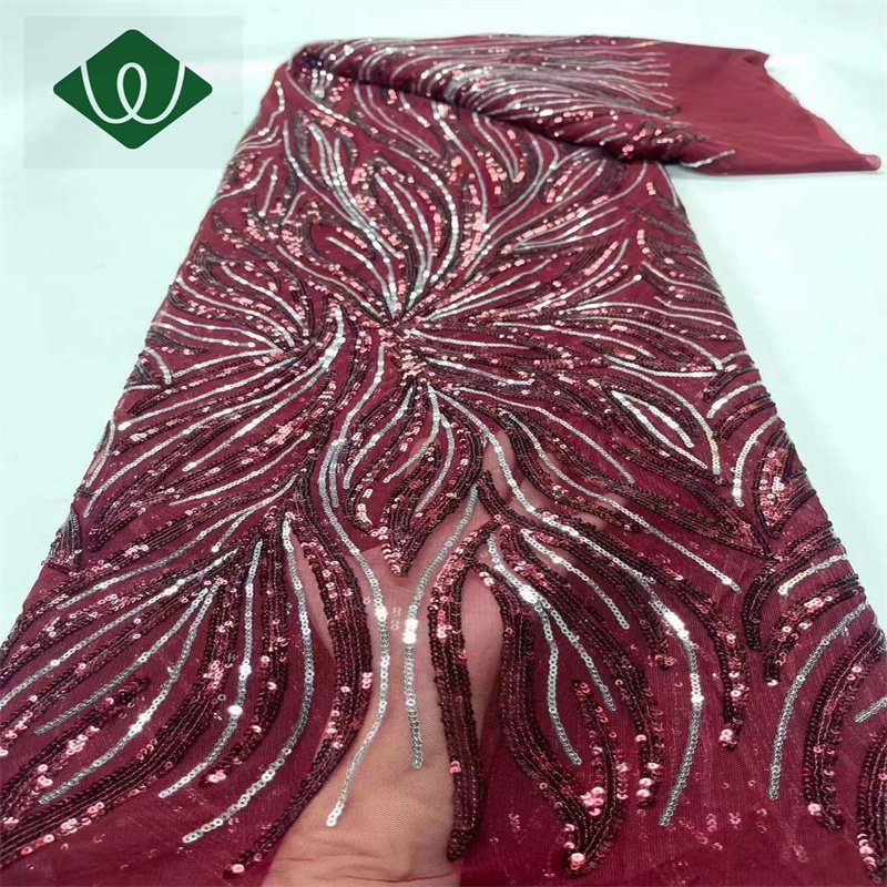 china wholesale African beaded Lace Fabric Dark Pattern Sequins lace embroidery sewing fabric Accessories for Wedding Dress