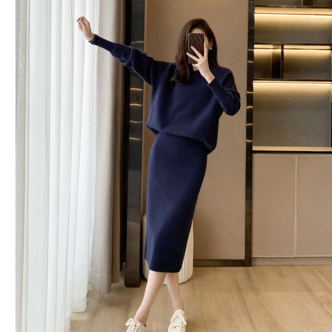Autumn and Winter Long Sleeve Solid Ribbed Suit Female Two Piece Set Women Sweater Knitted Skirt Set