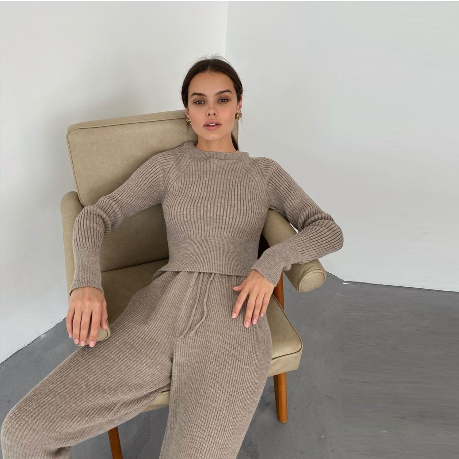 Women's Custom Cotton Cashmere Loungewear Ribbed Knitted 2 Two Piece Set Knit Hoodie Sweater Pant Suit For Women
