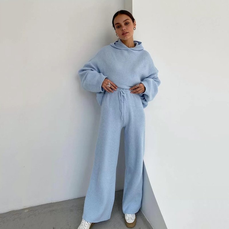 Women's Custom Cotton Cashmere Loungewear Ribbed Knitted 2 Two Piece Set Knit Hoodie Sweater Pant Suit For Women