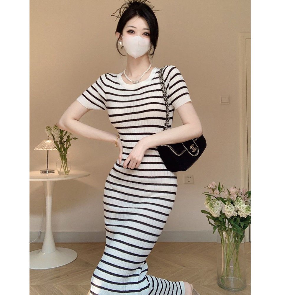 Summer striped long skirt knitted short-sleeved dress women's tight slimming knitted hip-hugging long dress