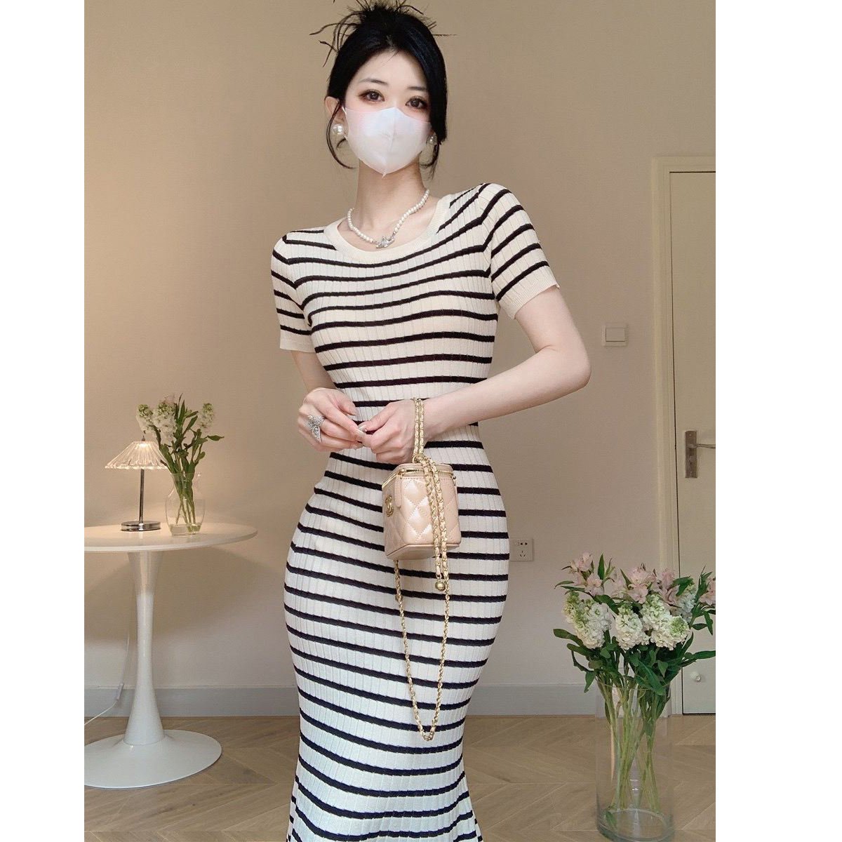 Summer striped long skirt knitted short-sleeved dress women's tight slimming knitted hip-hugging long dress