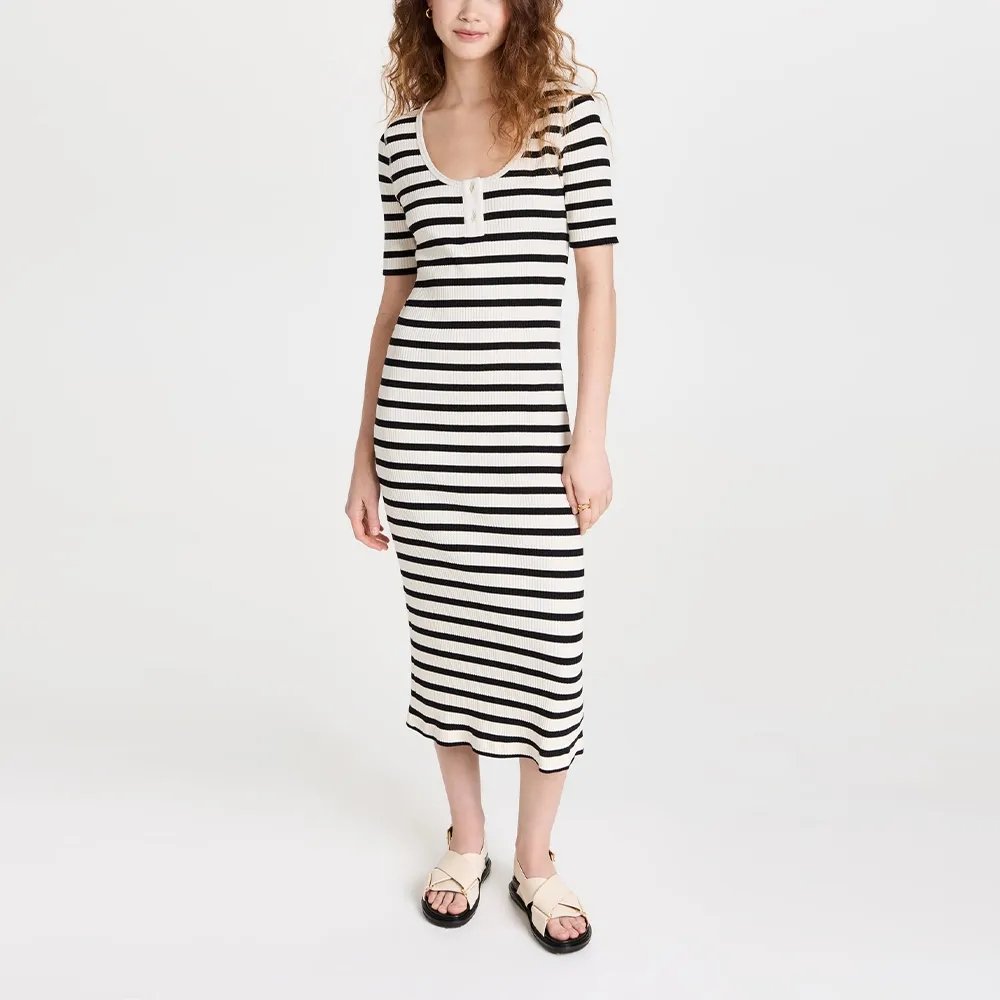 Summer striped long skirt knitted short-sleeved dress women's tight slimming knitted hip-hugging long dress