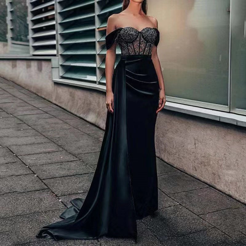 8132 Wholesale Female Elegant Dresses Women Evening Gown Black Off Shoulder Lace Velvet Gowns Prom Fishtail Dresses