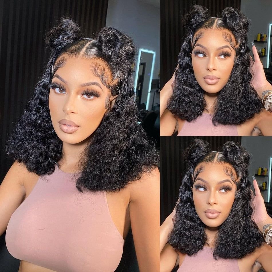 Deep Curly Wave Short Bob Wigs Human Hair Hd Full Lace Front Wig Raw Peruvian Virgin Human Hair Lace Frontal Wig For Black Women