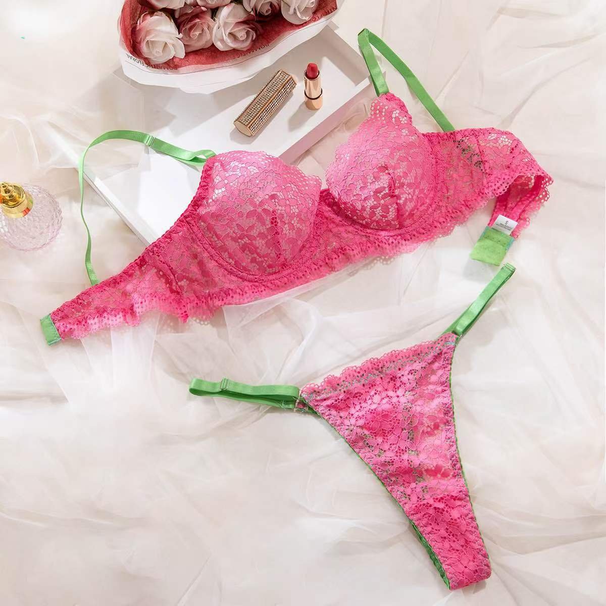 New Arrivals Women's Sexy Pink Lace Lingerie Set Embroidered Soft Underwear for Adults Made from Thin Lycra Fabric Wholesales