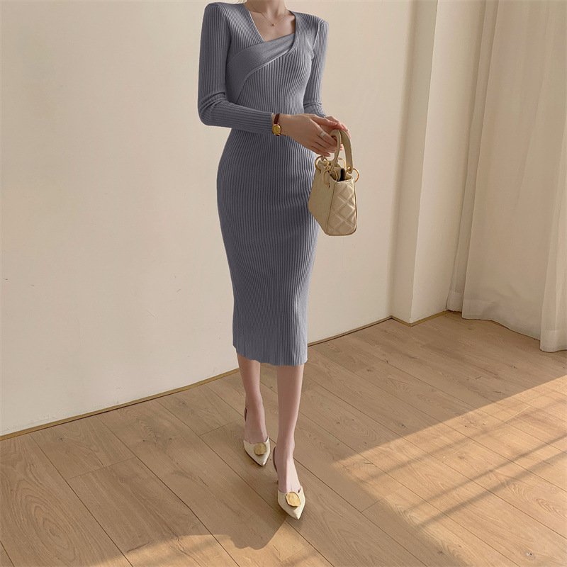 Dresses Knit Women Winter Dress Irregular Knot Neckline Cotton Ribbed Ladies Knit Dress