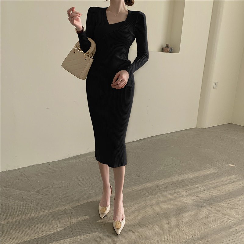 Dresses Knit Women Winter Dress Irregular Knot Neckline Cotton Ribbed Ladies Knit Dress
