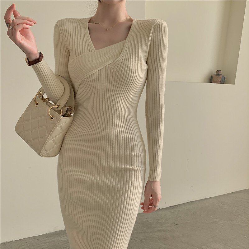 Dresses Knit Women Winter Dress Irregular Knot Neckline Cotton Ribbed Ladies Knit Dress