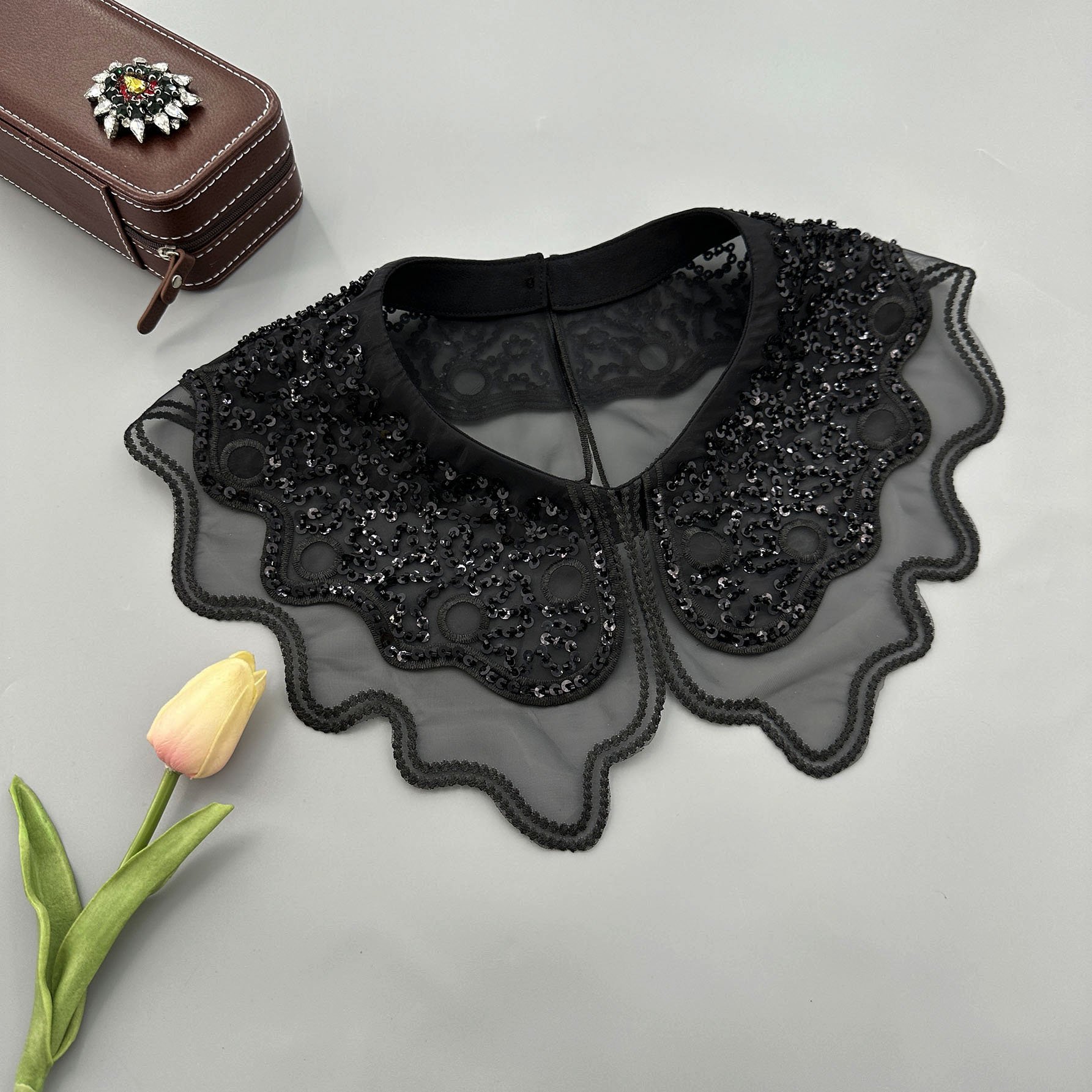 Factory Direct Organza Sequin Embroidery Shawl Collar Detachable Neck Lace False Collar Women