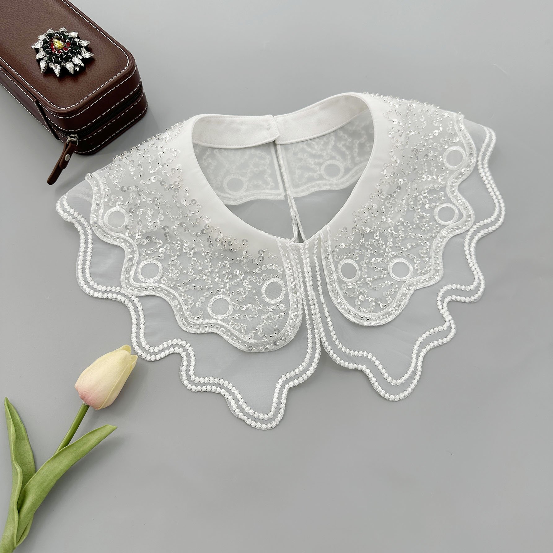 Factory Direct Organza Sequin Embroidery Shawl Collar Detachable Neck Lace False Collar Women