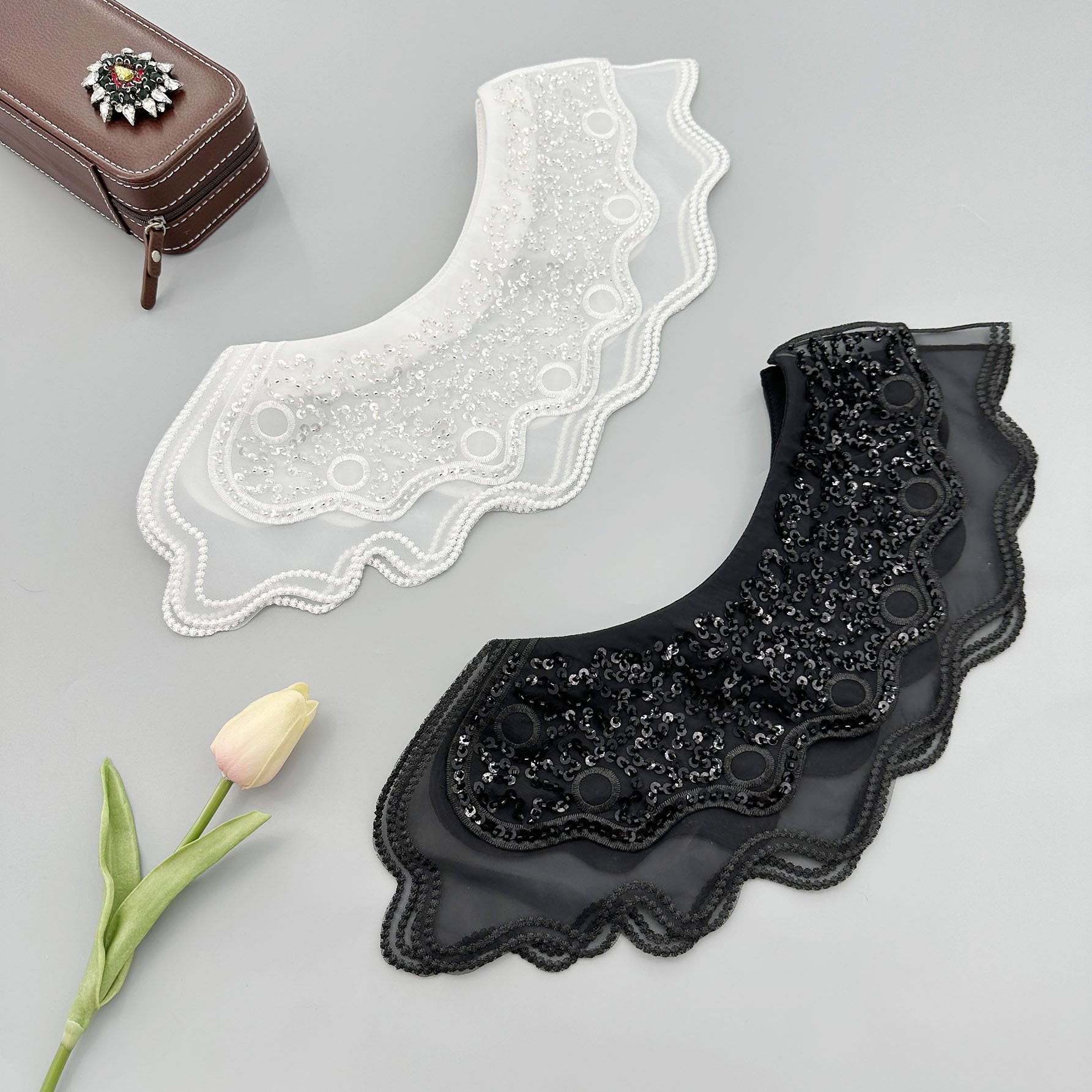 Factory Direct Organza Sequin Embroidery Shawl Collar Detachable Neck Lace False Collar Women