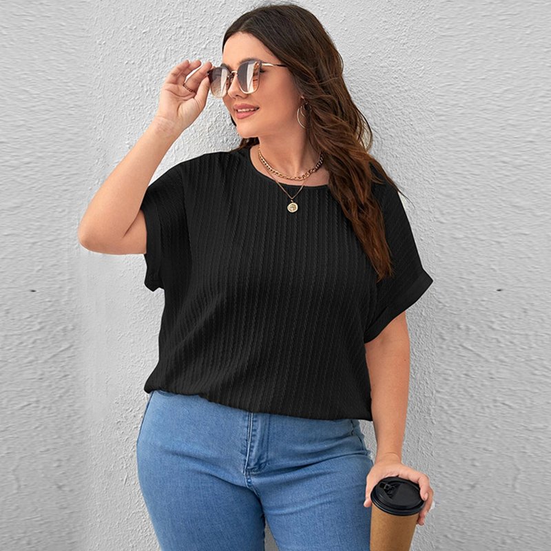 Wholesale summer solid Tee shirt round neck bat sleeve vertical pattern pullover top plus size textured ribbed women t shirts