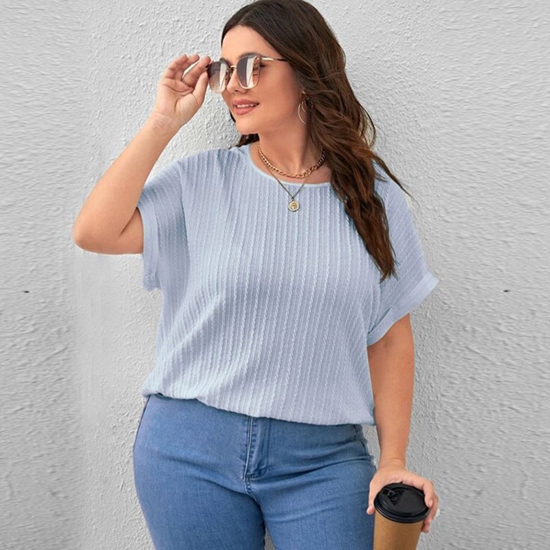 Wholesale summer solid Tee shirt round neck bat sleeve vertical pattern pullover top plus size textured ribbed women t shirts