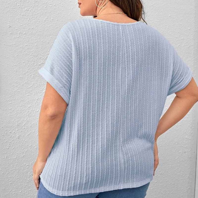 Wholesale summer solid Tee shirt round neck bat sleeve vertical pattern pullover top plus size textured ribbed women t shirts