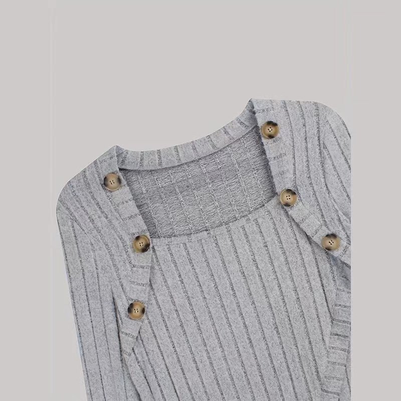 American New Fashion Long Sleeve button-up Women's sweater Square Neck Ribbed Knitted Tops Irregular Dresses Hem