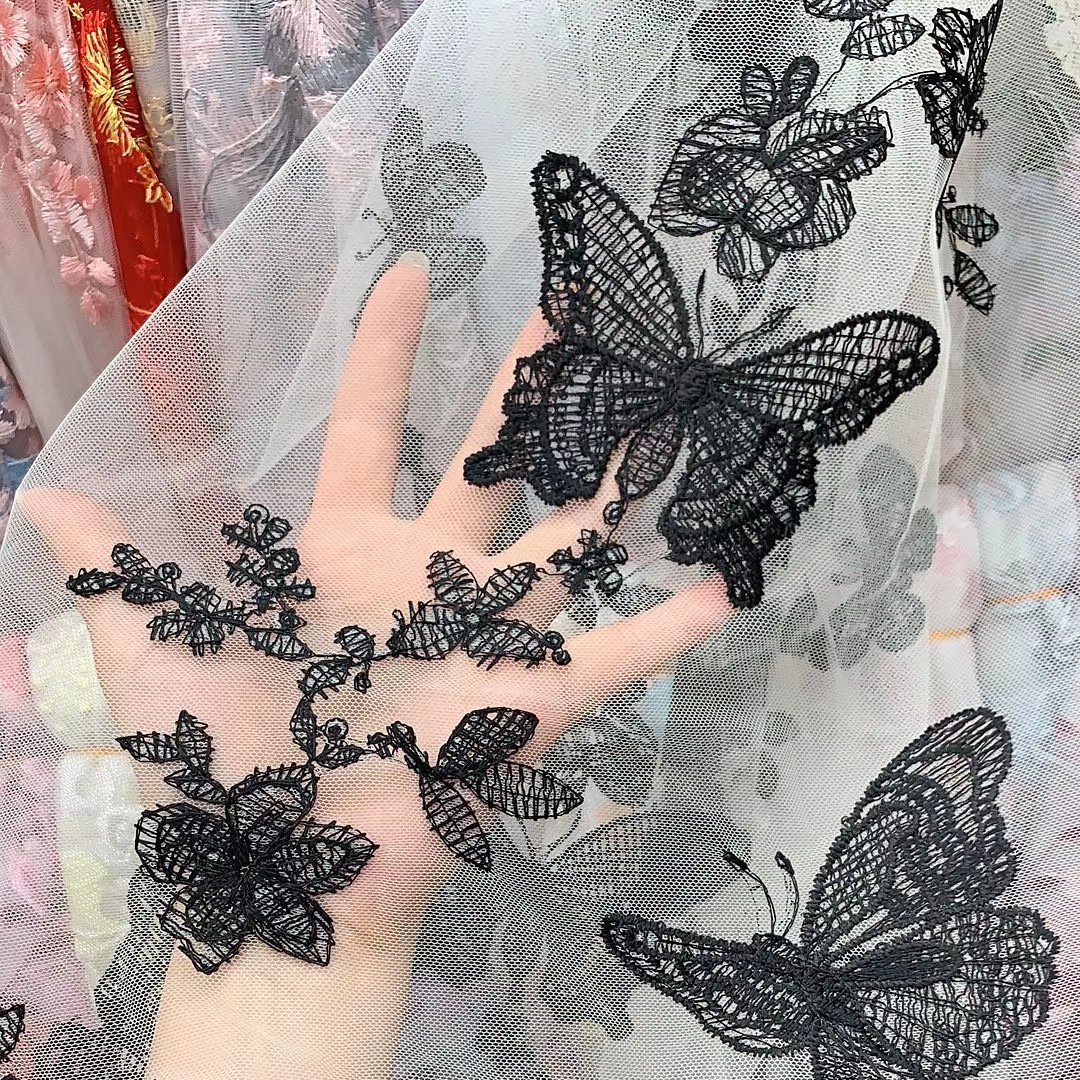 Embroidered Net Fabric Multicolor 3D Flower Butterfly Mesh Fabric Design Embroidery Lace Fabric
