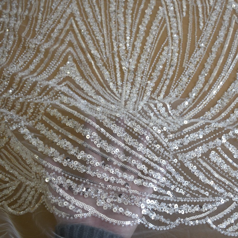 2022 High quality white sequins wedding bridal tulle embroidery fabrics shining dress fabric for 5 yards HY1680