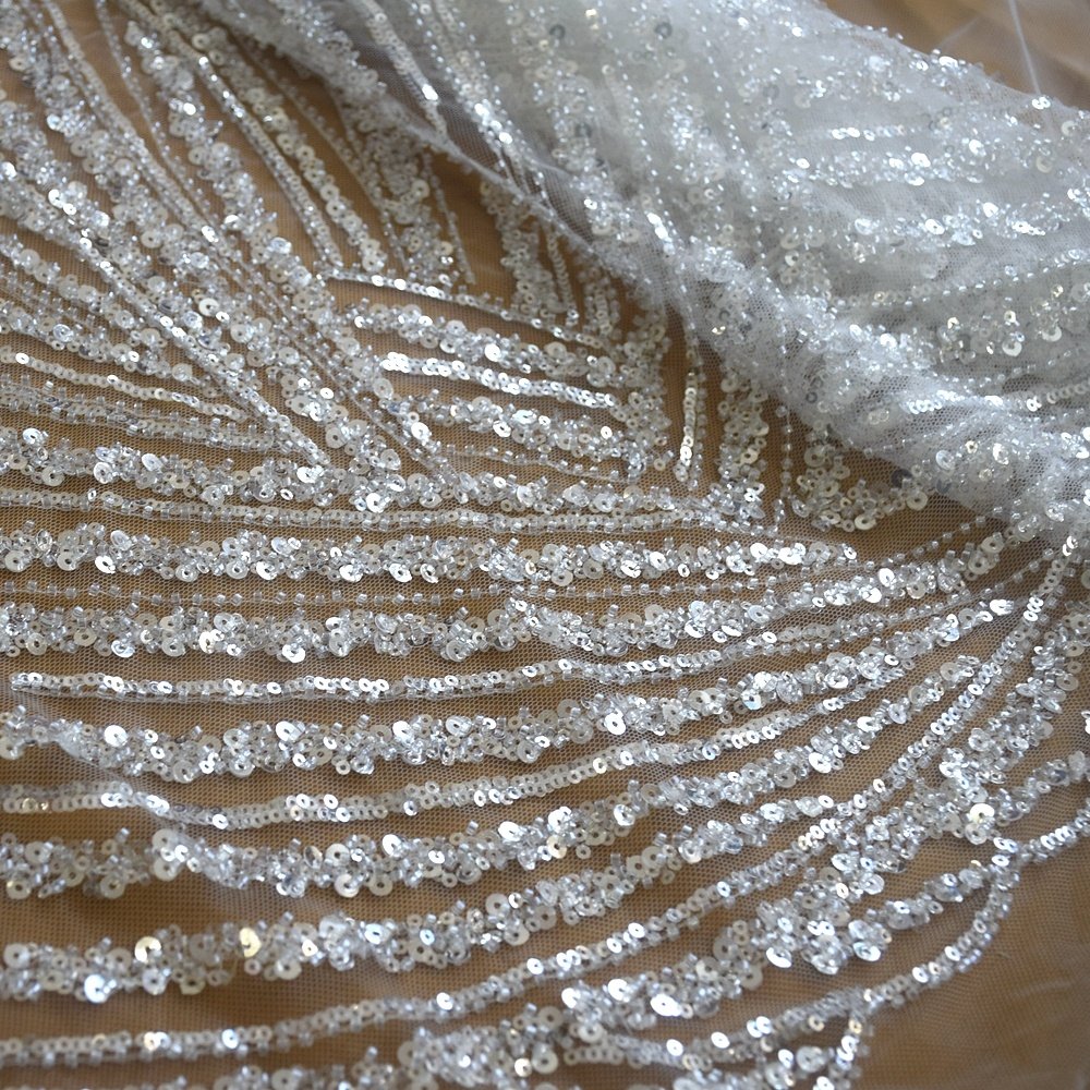 2022 High quality white sequins wedding bridal tulle embroidery fabrics shining dress fabric for 5 yards HY1680