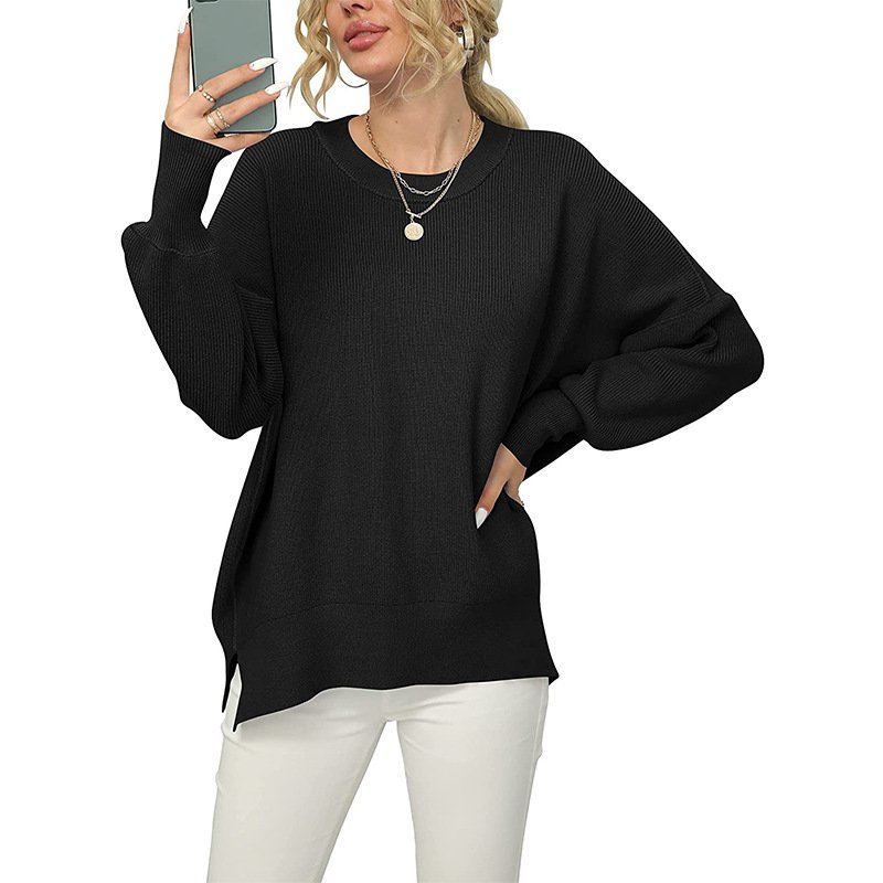 Autumn Fashion Custom Casual Puff Sleeve Batwing Designer Rib Plus Size Women's Knit Pullover Crewneck Sweaters With Split