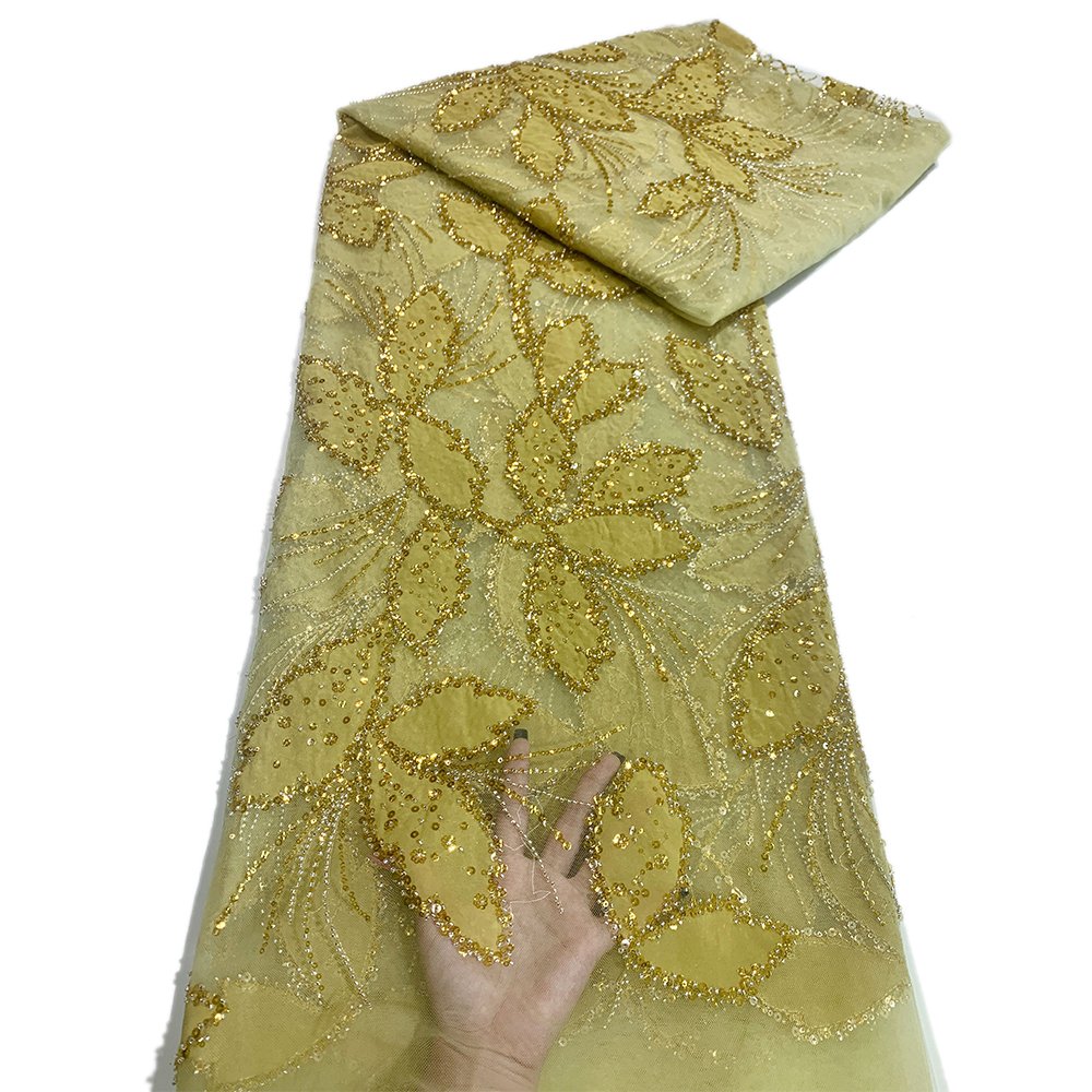 NI.AI Embroidery Luxury Lace Bridal Fabric Luxury Embroidery Beads Sequins Heavy Beaded Lace Fabric For Wedding Dress