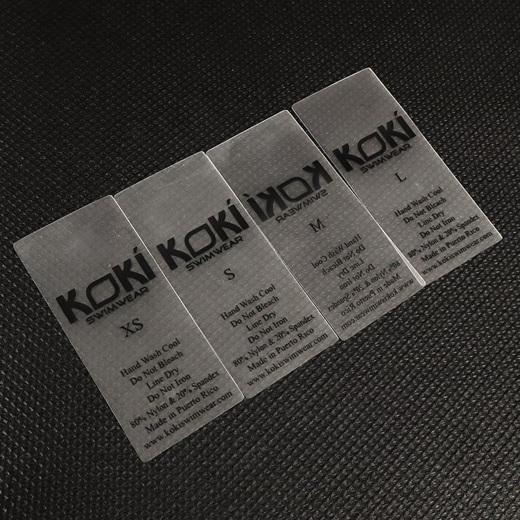TPU Tags with Brand Name Logo Transparent Label Printing Washing Care Labels for Swimmingwear Tpu Logo Heat Transfer Tpu Label