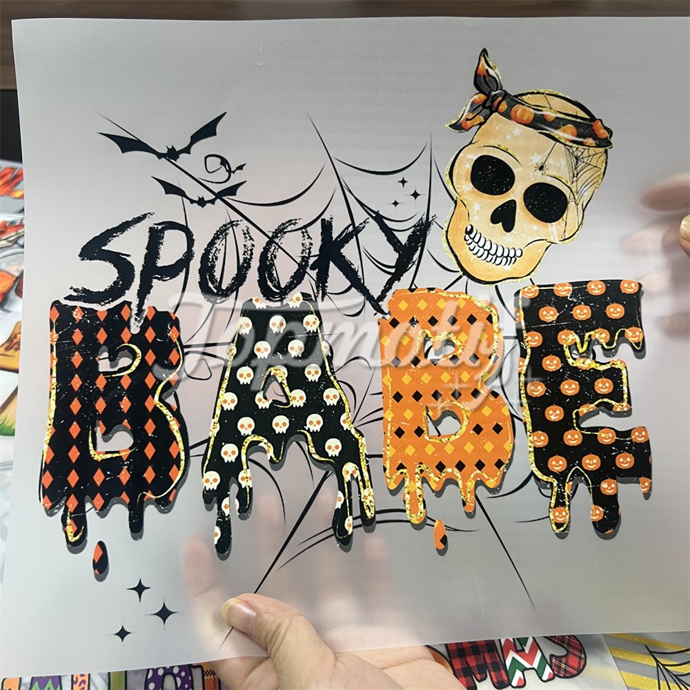 Low moq cheap price halloween custom sticker diy t shirt decoration dtf print heat press transfers